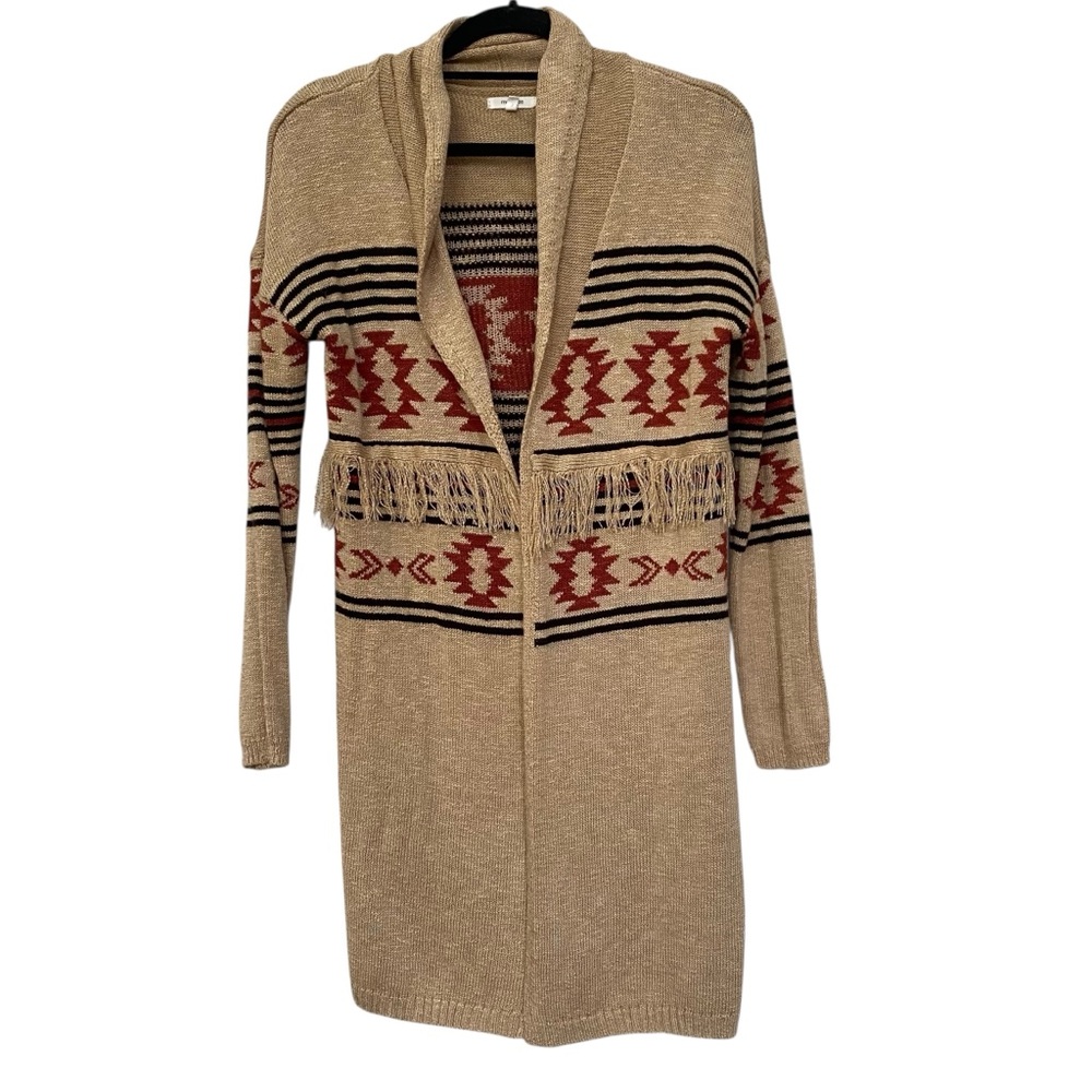 Maurices Southwestern Sweater Cardigan size S  Fringed Fringe red black tan